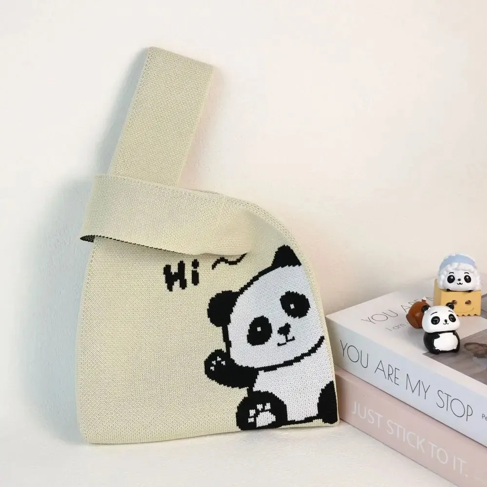 🐼 Adorable Panda Knit Tote 👜 Handmade High-Capacity Wrist Bag for Students ✨