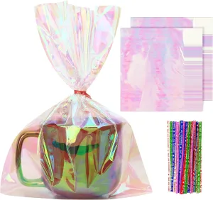 100 PCS Holographic Bags(8x11 Inch) with Colorful Ties, Clear PLastic Iridescent Cellophane Goodie Gift Treat Candy Goody Cookie Bags for Holiday Birthday Baby Shower Party Favors Supplies Decorations