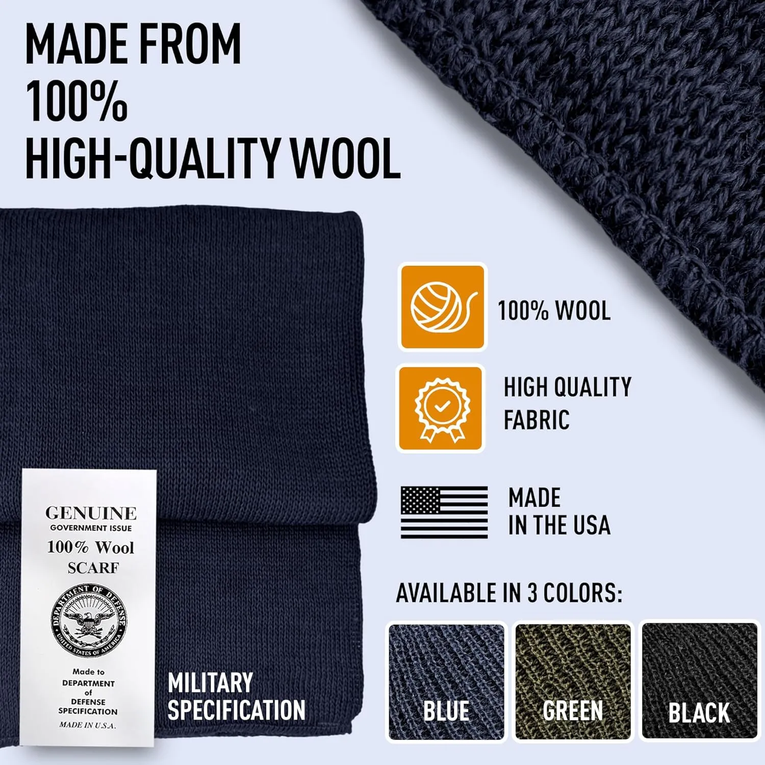 100% Wool GI Scarf – Warm Winter Wool Neck Wrap, Thick Cold Weather Scarf, Made in USA
