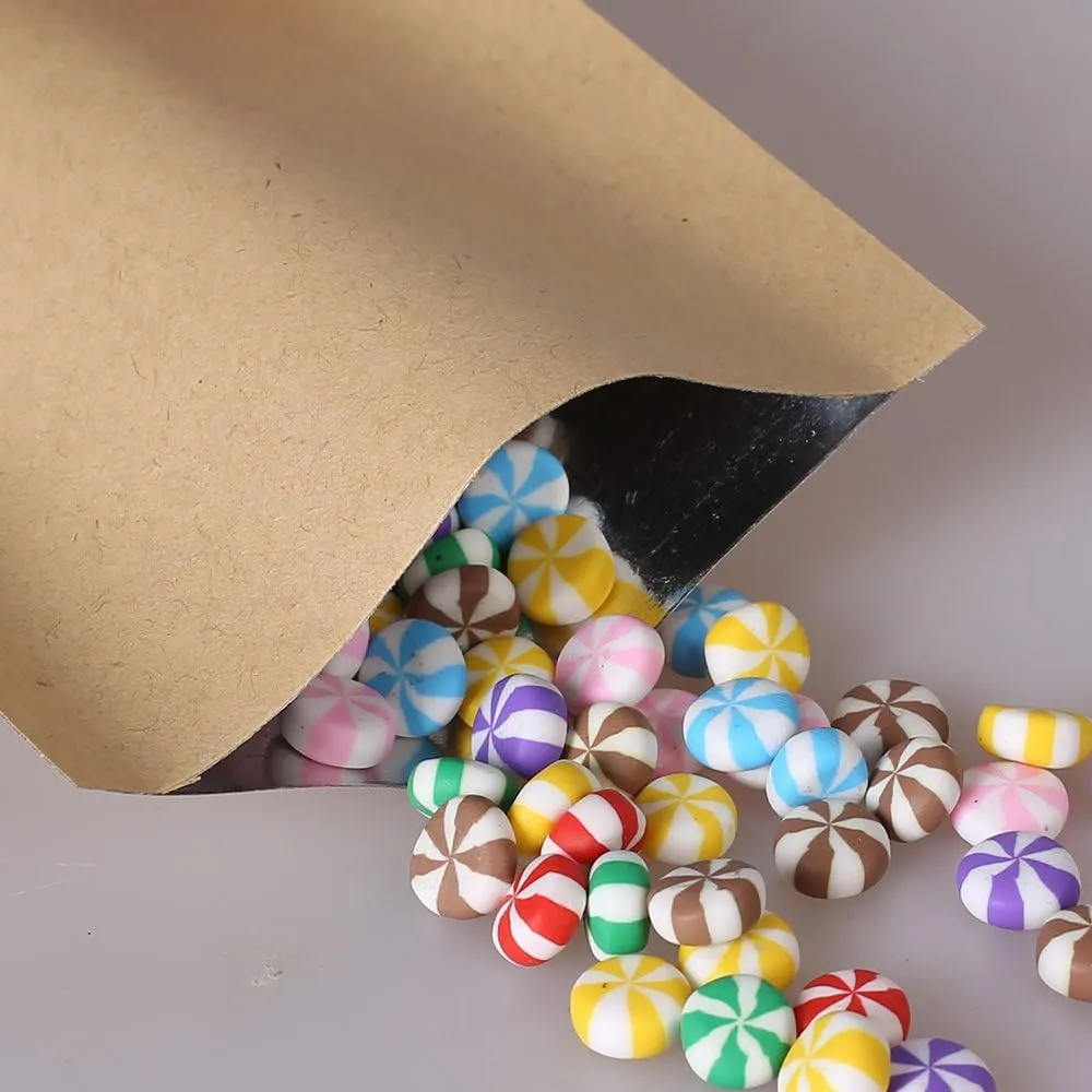 100PCS Brown Kraft Silver Lining Open Top Bags w/Tear Notches 7x10cm (2.7x3.9")
