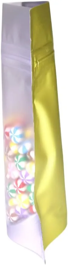 100pcs Frosted Clear Window Stand Up Colored Metallic Foil Resealable Zipper Seal Bags (Gold, Standup | 7.5oz)