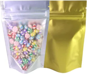 100pcs Frosted Clear Window Stand Up Colored Metallic Foil Resealable Zipper Seal Bags (Gold, Standup | 7.5oz)