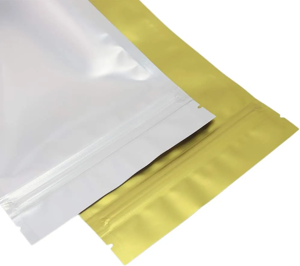 100pcs Frosted Clear Window Stand Up Colored Metallic Foil Resealable Zipper Seal Bags (Gold, Standup | 7.5oz)