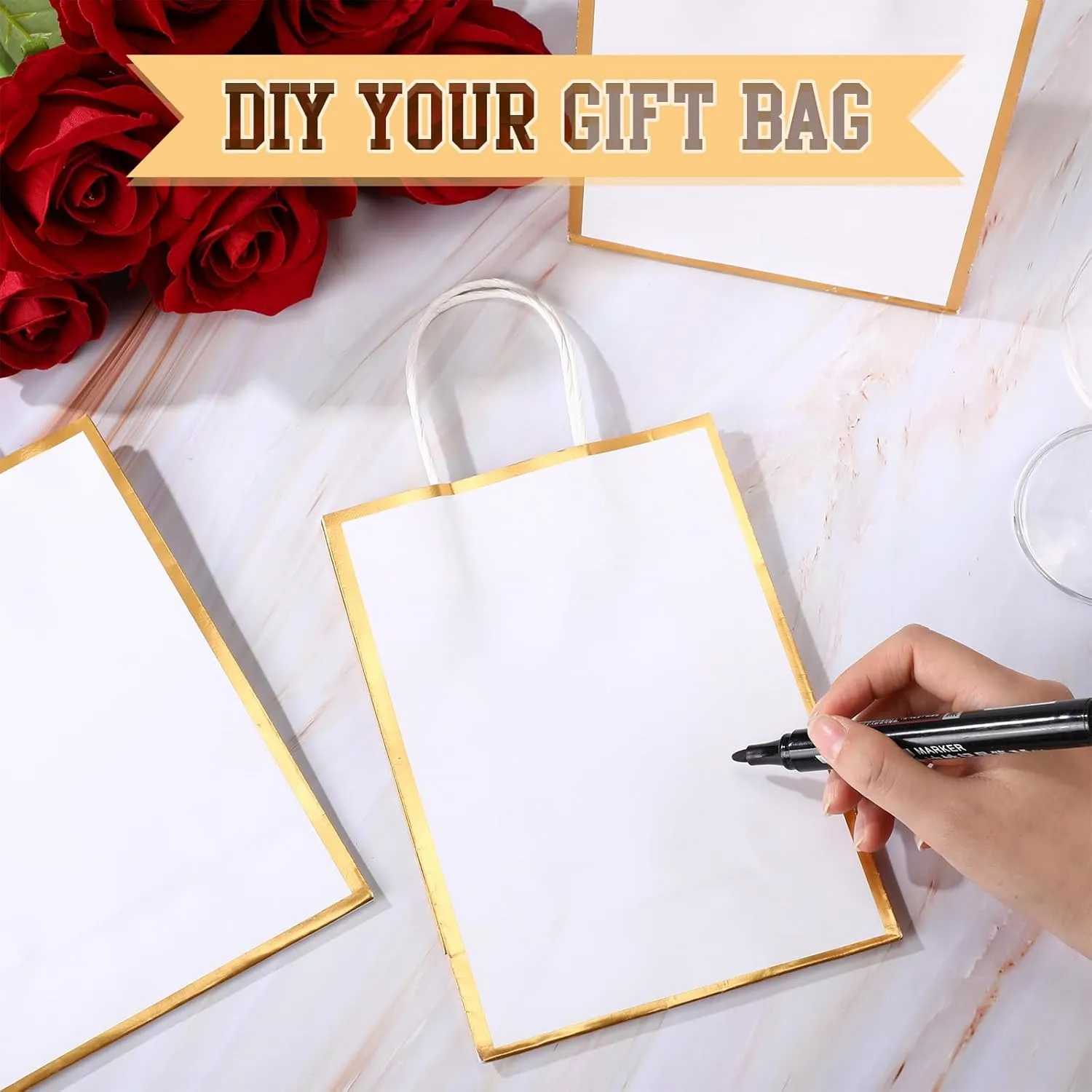 16 Pcs Metallic Gift Paper Bags with Handles Gold Bags Welcome Gift Thank You Bag for Wedding Bridal Shower Groomsmen Holiday Graduation Birthday Party Favor Supplies 5 Senses Bag Bulk (White, Gold)