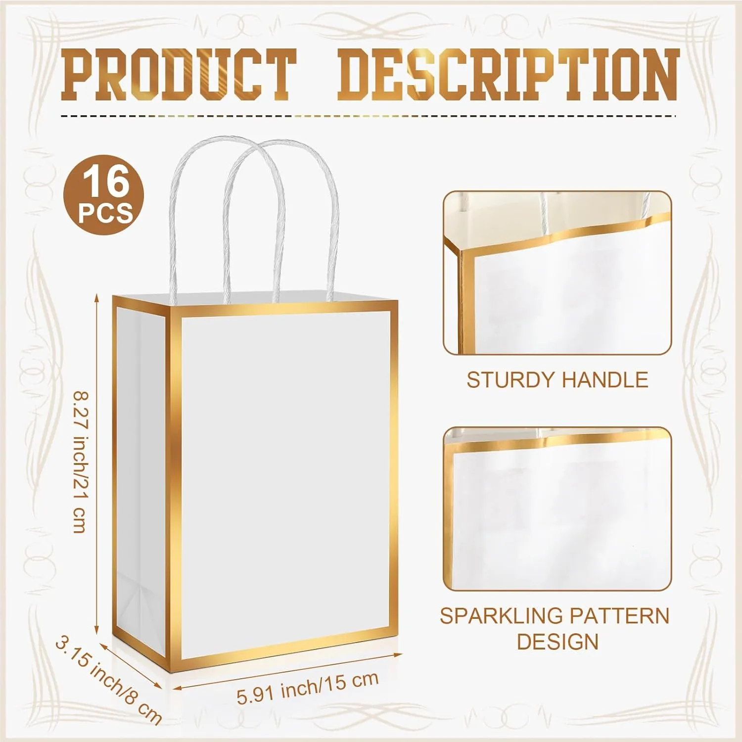 16 Pcs Metallic Gift Paper Bags with Handles Gold Bags Welcome Gift Thank You Bag for Wedding Bridal Shower Groomsmen Holiday Graduation Birthday Party Favor Supplies 5 Senses Bag Bulk (White, Gold)