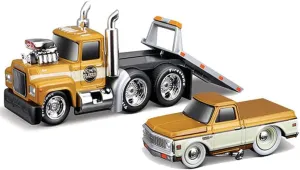 1980 A685ST Flatbed Truck Gold Metallic with Beige Stripes & 1972 Chevy C10 Pickup Truck Gold Metallic and Beige Muscle Transports Series 1/64 Diecast Models 11555GRN