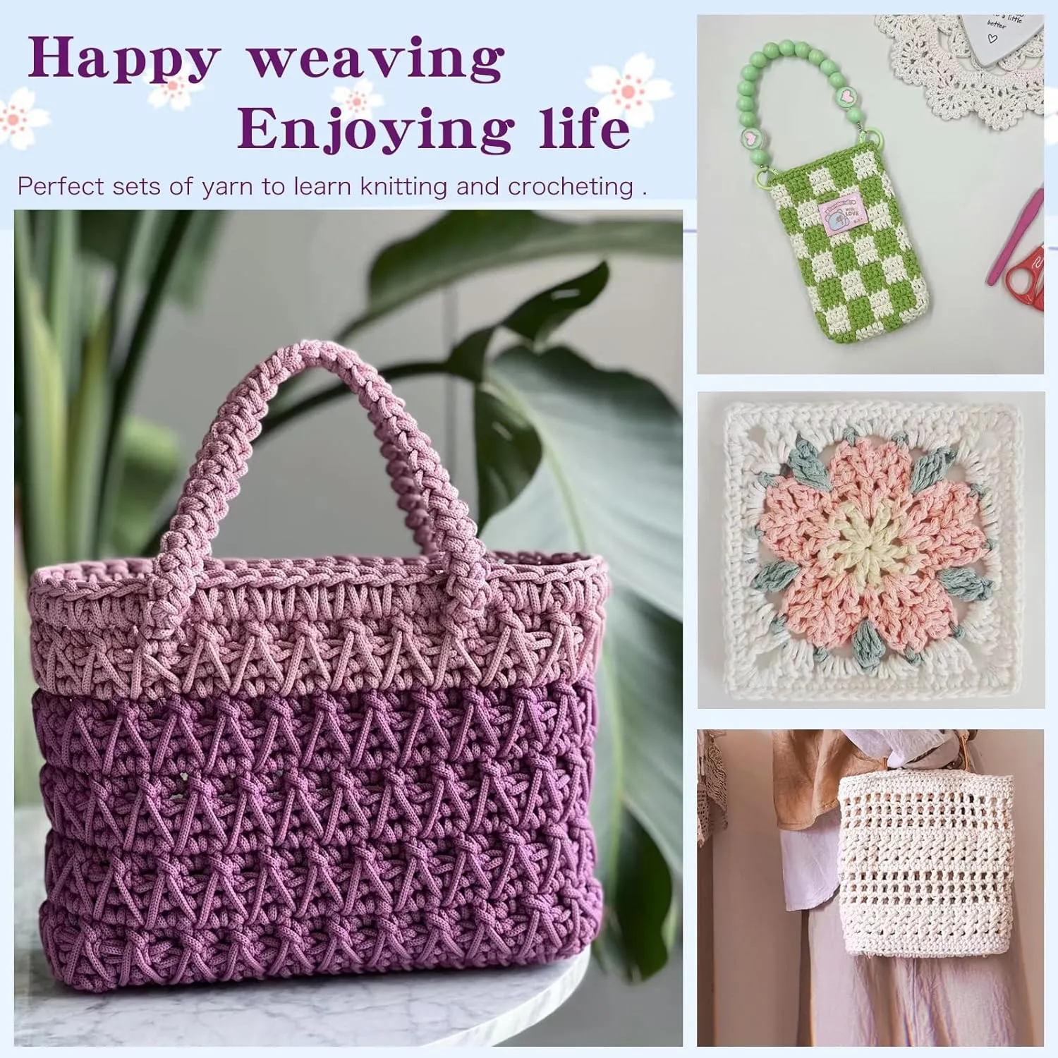 2 PCS 400g 100% Cotton Hollow Knitted Crochet Yarn - 328 Yards Fabric Round Rope for DIY Handbag, Purse, Basket, Cushion, Crochet Bag