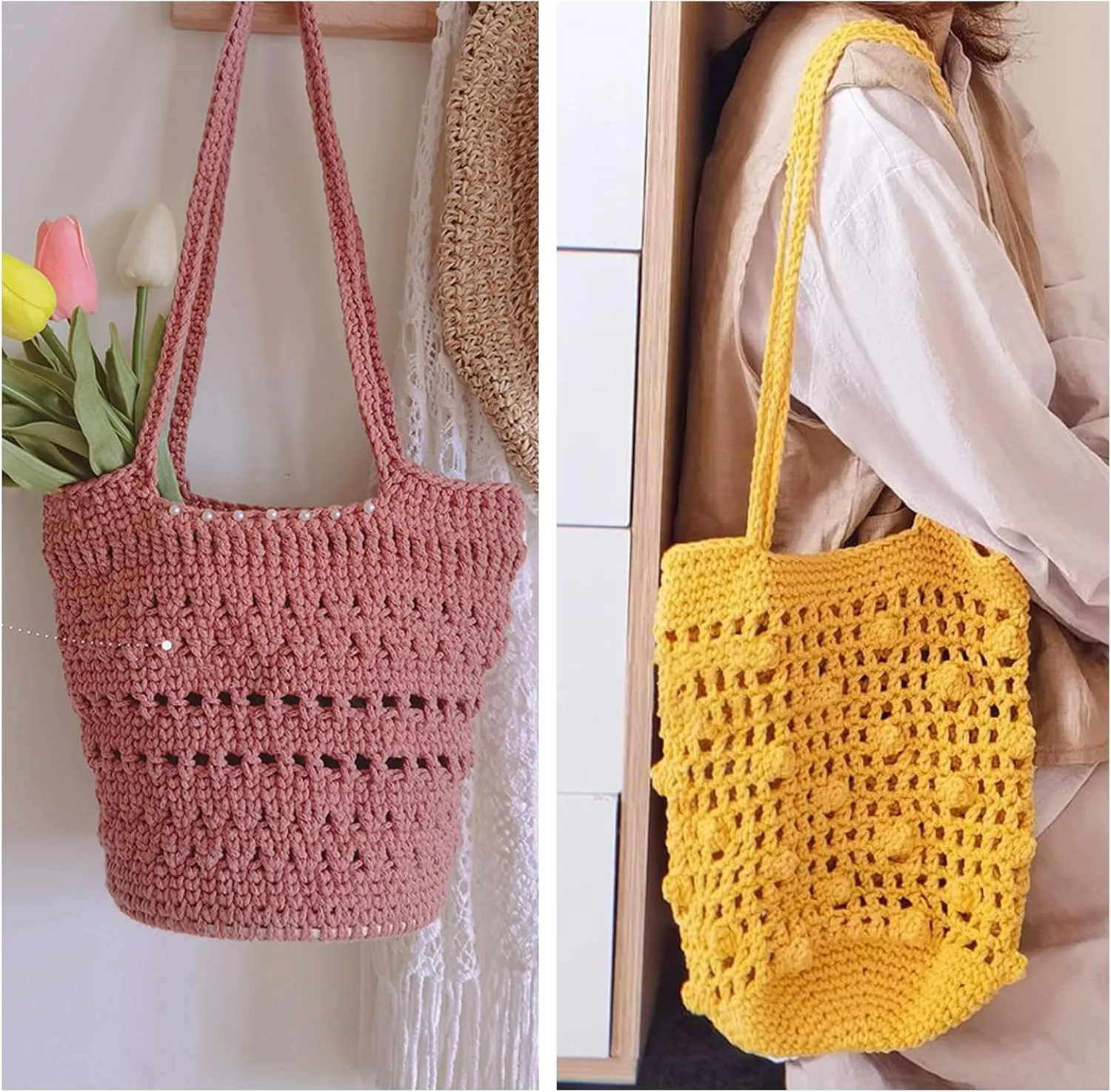 2 PCS 400g 100% Cotton Hollow Knitted Crochet Yarn - 328 Yards Fabric Round Rope for DIY Handbag, Purse, Basket, Cushion, Crochet Bag