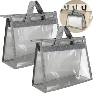 2 PCS Dust Bags for Handbags,Clear Handbag Storage Organizer,Transparent Purse Protector Storage Bag,Purse Storage Organizer for Closet,Storage Bag with Zipper and Handle(Grey,XL)