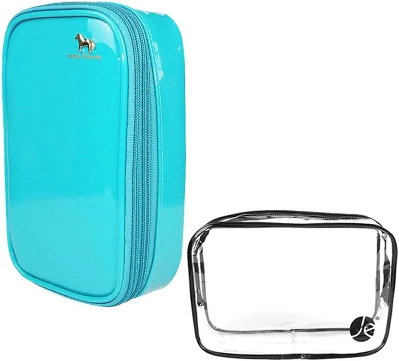 (2 PCS SET Bold Colored 2 Layers and Double Zipper Cosmetic Makeup Brush Travel Bag W/Clear PVC Zipper Bag
