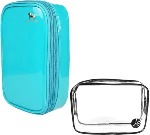 (2 PCS SET Bold Colored 2 Layers and Double Zipper Cosmetic Makeup Brush Travel Bag W/Clear PVC Zipper Bag