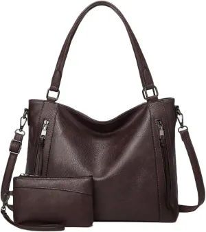 2pcs Women Hobo Handbag and Purse Satchel Set Faux Leather Zipper Shoulder Bag Clutch Wallet