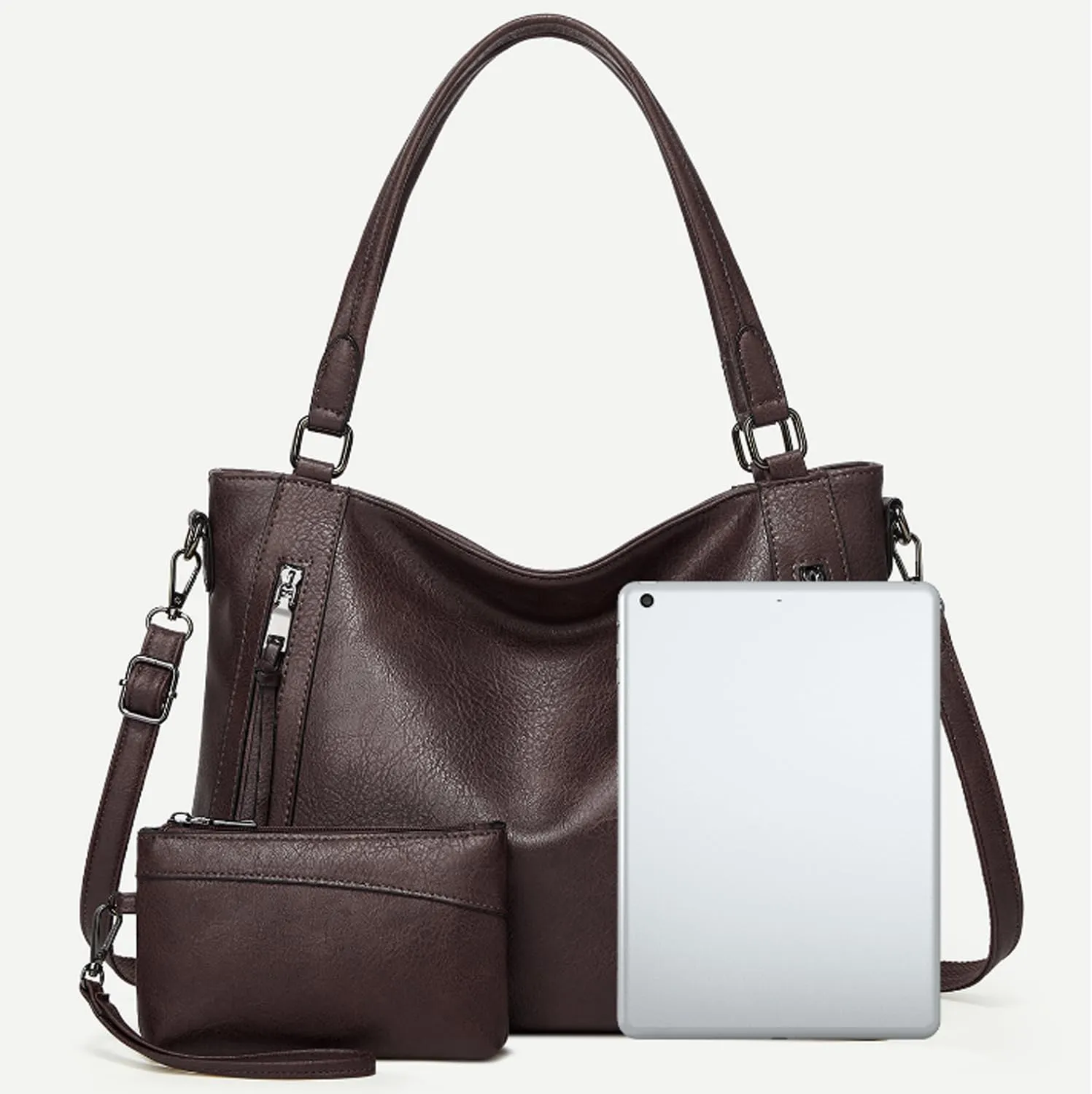 2pcs Women Hobo Handbag and Purse Satchel Set Faux Leather Zipper Shoulder Bag Clutch Wallet