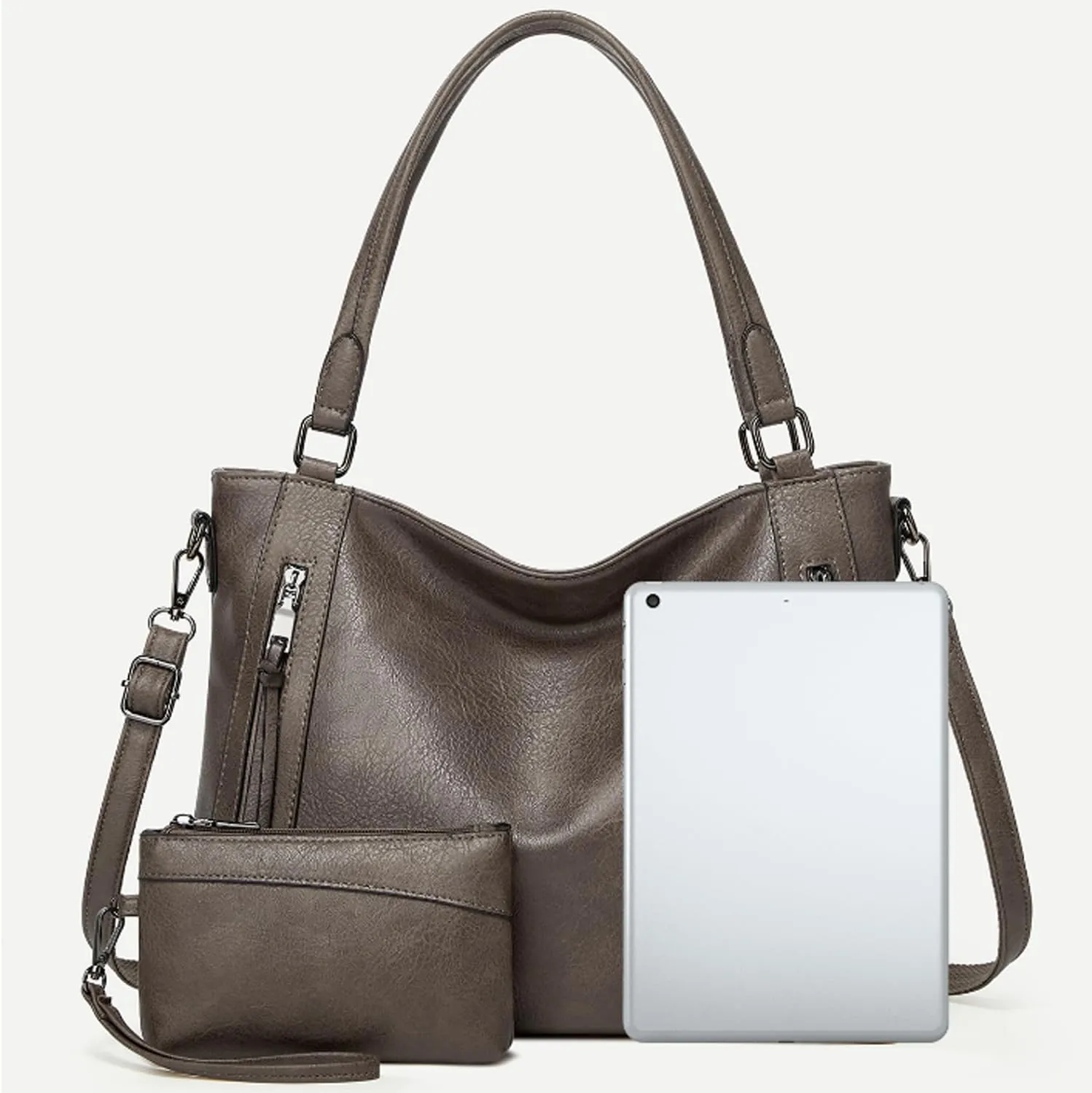 2pcs Women Hobo Handbag and Purse Satchel Set Faux Leather Zipper Shoulder Bag Clutch Wallet