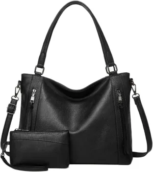 2pcs Women Hobo Handbag and Purse Satchel Set Faux Leather Zipper Shoulder Bag Clutch Wallet