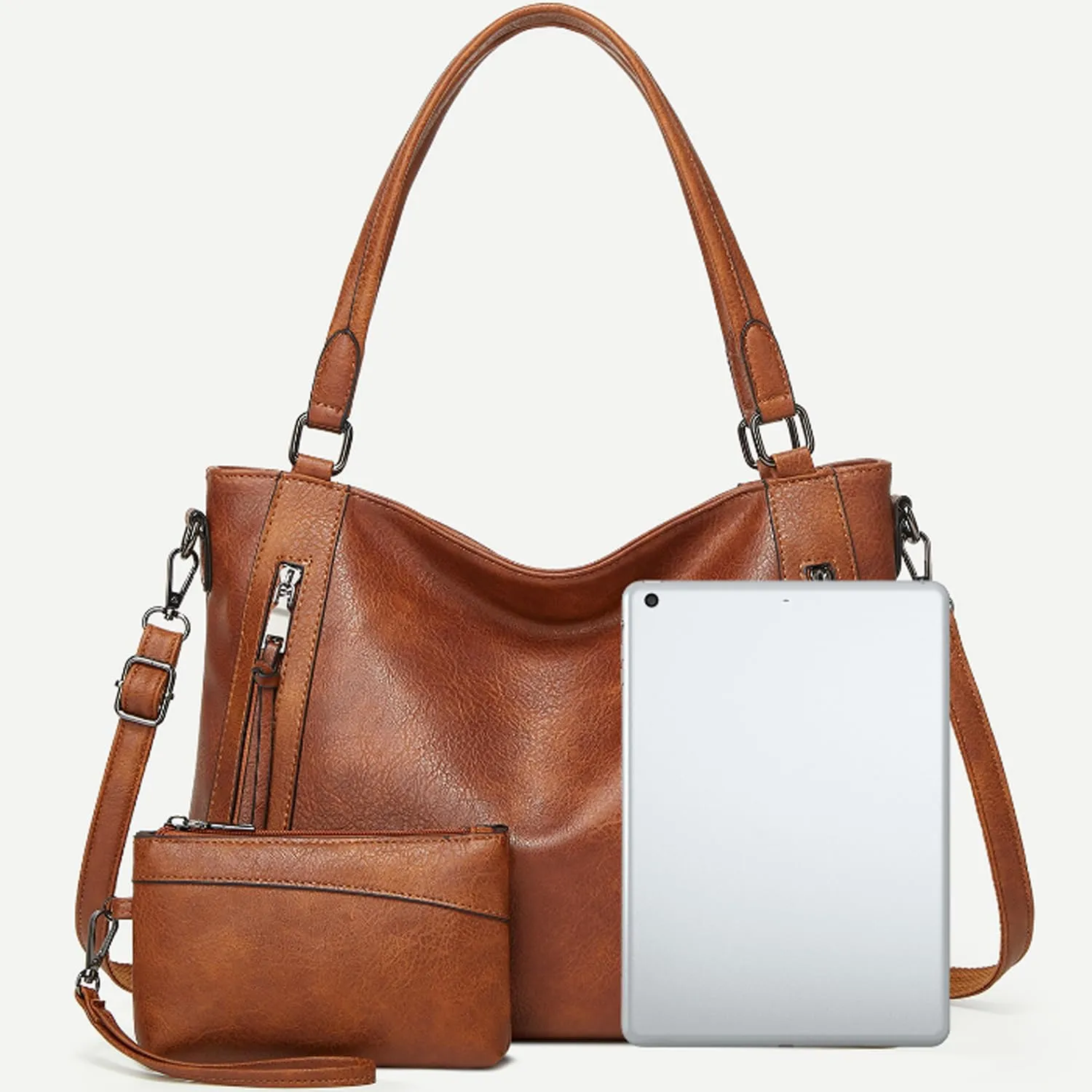 2pcs Women Hobo Handbag and Purse Satchel Set Faux Leather Zipper Shoulder Bag Clutch Wallet