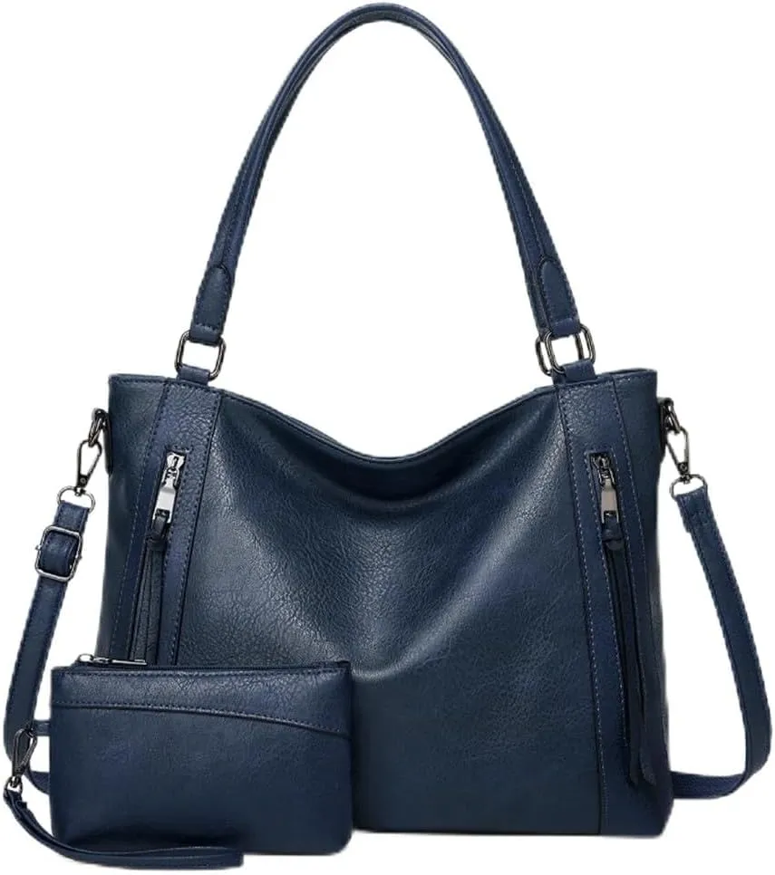 2pcs Women Hobo Handbag and Purse Satchel Set Faux Leather Zipper Shoulder Bag Clutch Wallet