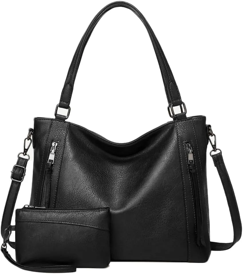 2pcs Women Hobo Handbag and Purse Satchel Set Faux Leather Zipper Shoulder Bag Clutch Wallet
