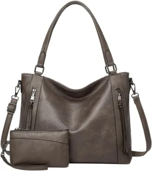 2pcs Women Hobo Handbag and Purse Satchel Set Faux Leather Zipper Shoulder Bag Clutch Wallet