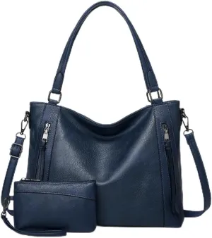 2pcs Women Hobo Handbag and Purse Satchel Set Faux Leather Zipper Shoulder Bag Clutch Wallet