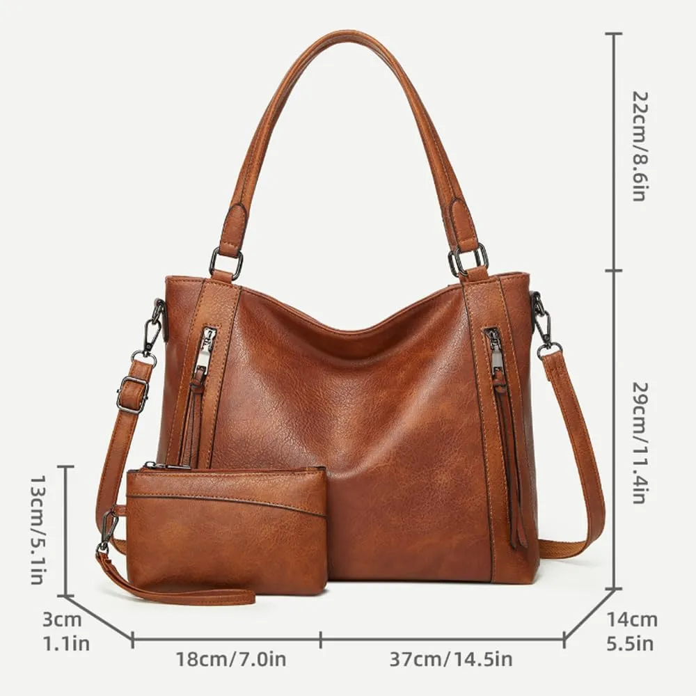 2pcs Women Hobo Handbag and Purse Satchel Set Faux Leather Zipper Shoulder Bag Clutch Wallet