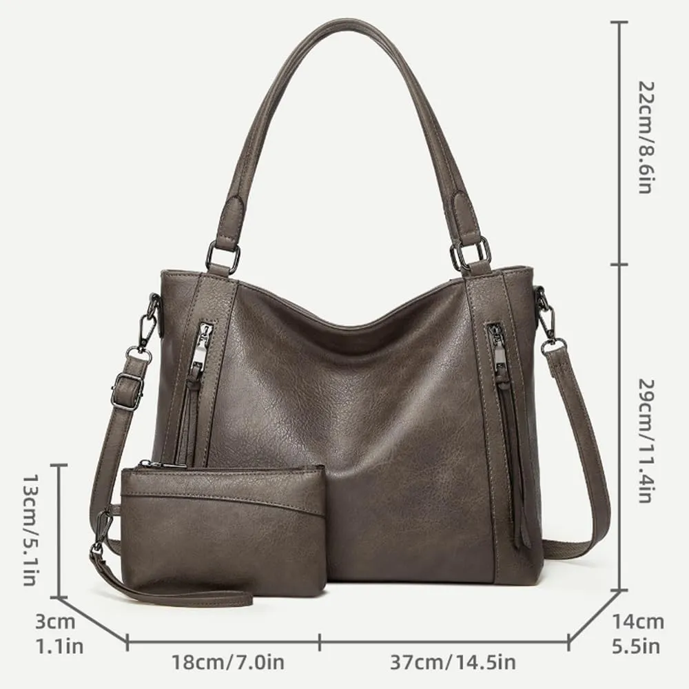 2pcs Women Hobo Handbag and Purse Satchel Set Faux Leather Zipper Shoulder Bag Clutch Wallet