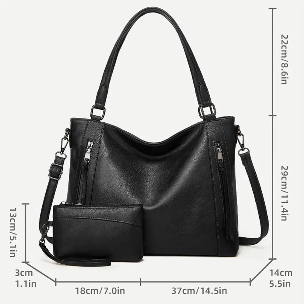 2pcs Women Hobo Handbag and Purse Satchel Set Faux Leather Zipper Shoulder Bag Clutch Wallet