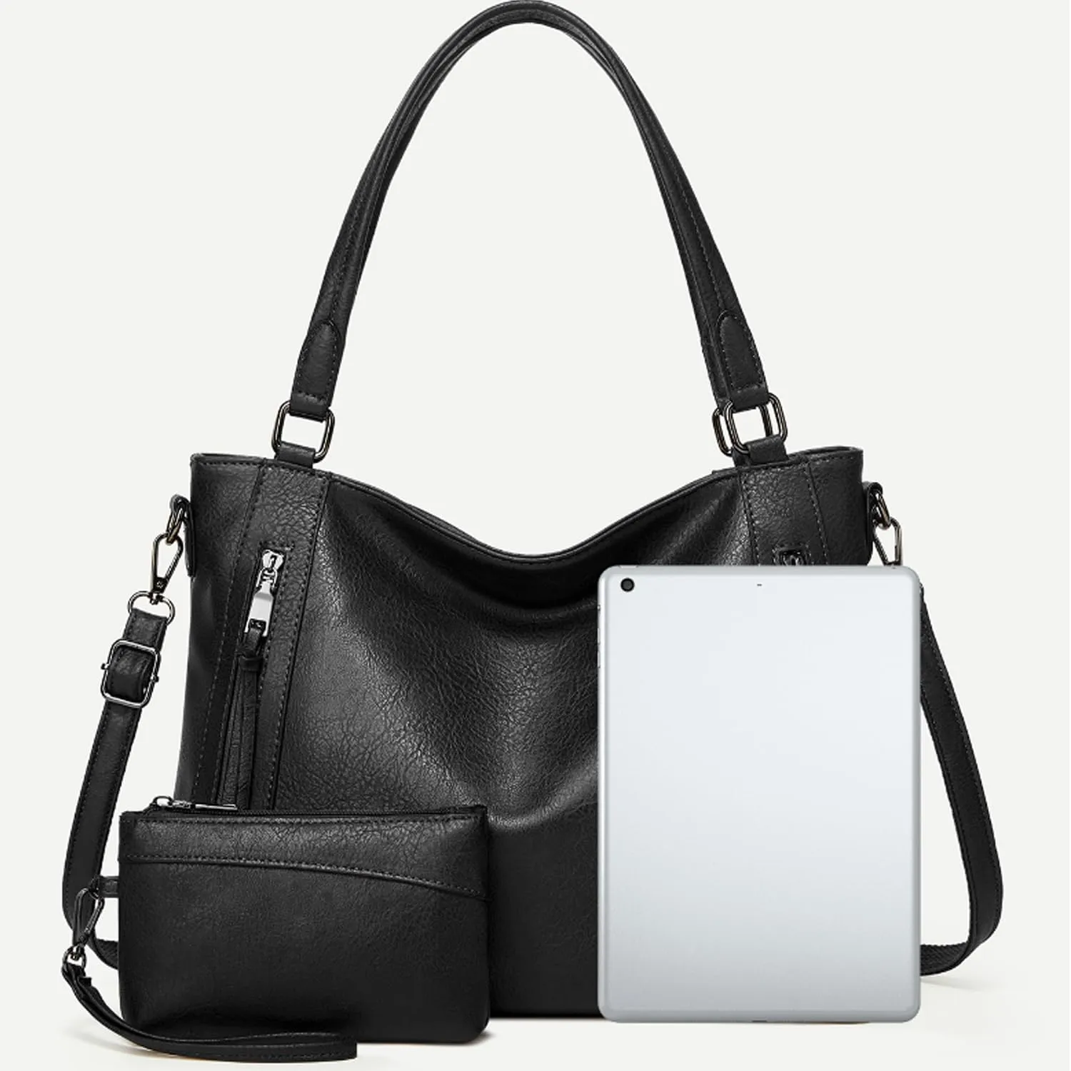 2pcs Women Hobo Handbag and Purse Satchel Set Faux Leather Zipper Shoulder Bag Clutch Wallet