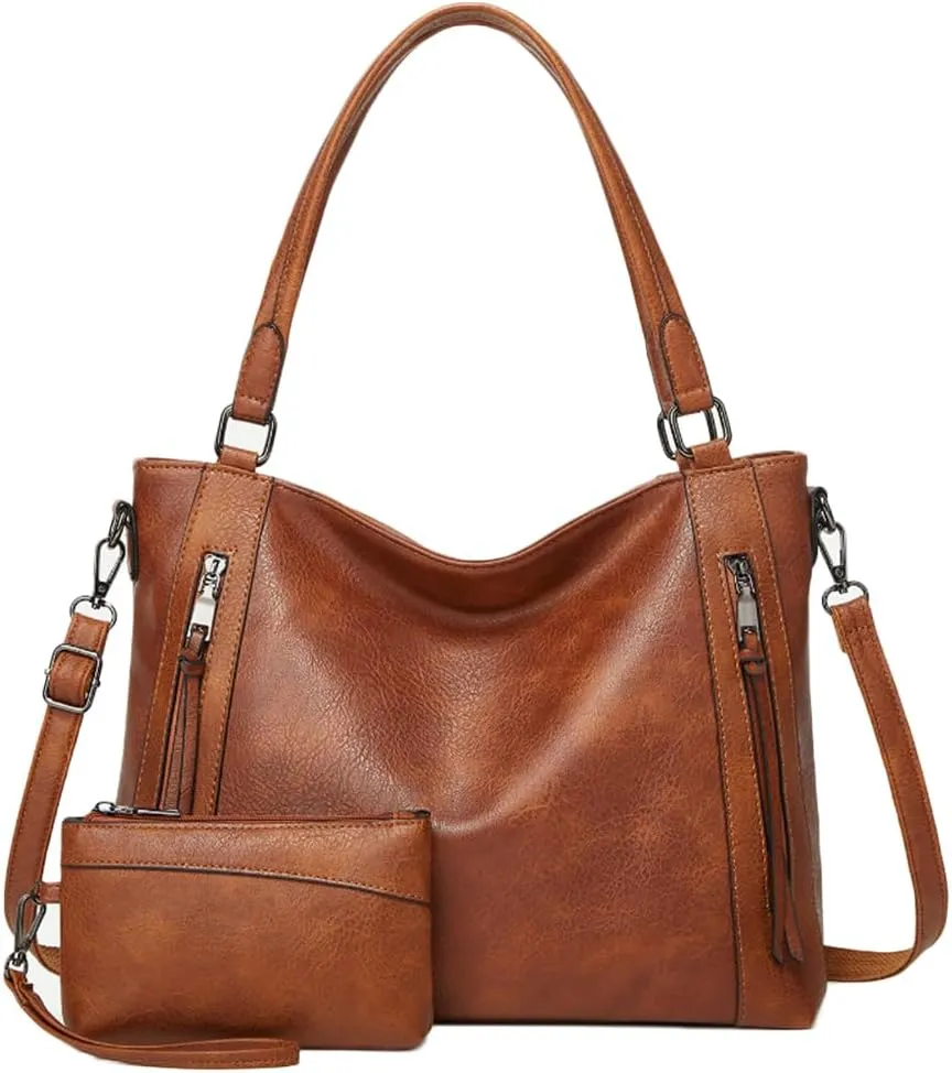 2pcs Women Hobo Handbag and Purse Satchel Set Faux Leather Zipper Shoulder Bag Clutch Wallet