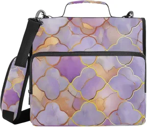 3 Ring Zipper Binder with Shoulder Strap Purple Geometric Arab Artist Binder Bag Expanding File Folder Storage Multiple Pockets