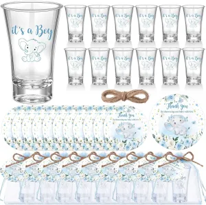 30 Sets Baby Shower Favors for Guests Souvenir Baby Arrival Theme Party Gifts Elephant Acrylic Clear Shot Glasses Thank You Tags with Organza Bags Twine for Tea Party Supplies Gender Reveal