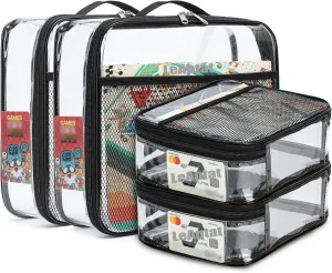 4 Pack Clear PVC Waterproof Toy Storage Bags with Name Tag Pockets - Zippered Organizer for 2x4 Building Blocks, Puzzles, Travel Toiletries, Kids Room Organization (Black, S & M)