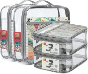4 Pack Clear PVC Zippered Toy Storage Bags for Toy, Kids Toy, Building Blocks, Puzzle, Clay, Board Game Storage Organizer Travel Waterproof Small Bags With Name Tag Pocket (Gray, L & S)