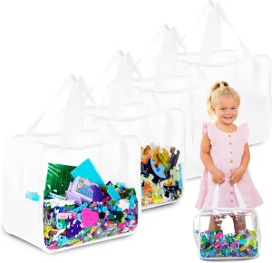 4 Piece Large Toy Storage Clear Bags with Heavy Duty Zipper 12"x10"x7" Plastic Bag Bins with Handle, Toy Organizer for Kids Playroom, Puzzle, Blocks, Crafts, Stuffed Animal Storage (White)
