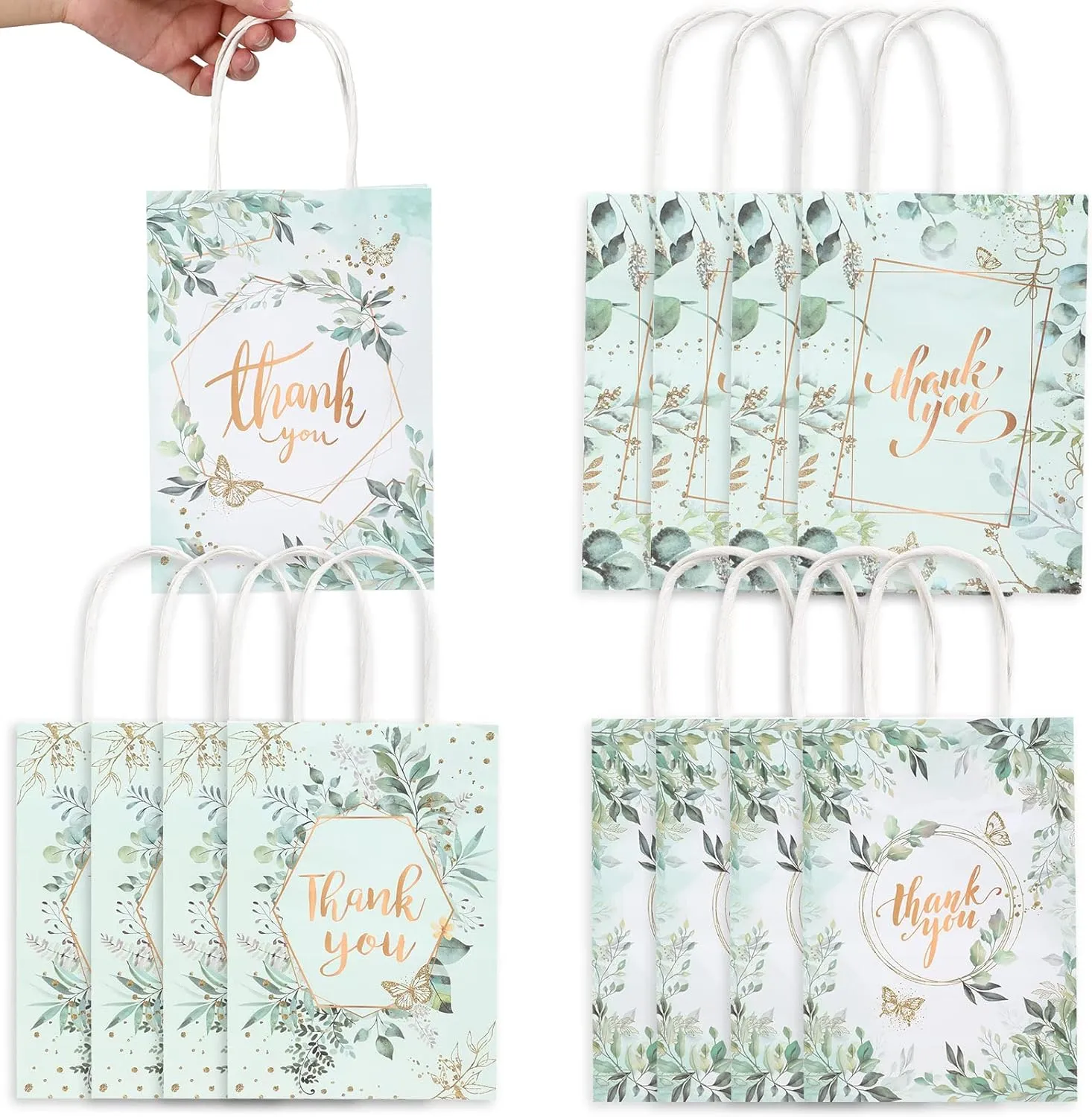 48 Pcs Thank You Gift Bags Floral Design Thank You Bags Wedding Small Paper Thank You Kraft Bags Floral Gift Bags for Business Shopping Gifts Clothing Wedding Favors(Leaves Style)