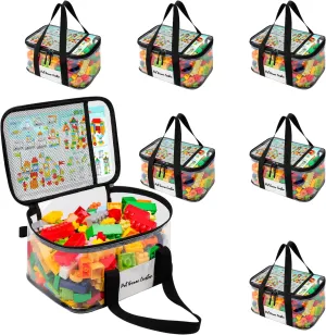 6-Pack PVC Clear Toy Storage Organizer Bag for Lego with Name Tag& Manual Pocket, Waterproof Large Board Game Storage Case for Lego Brick, Building Block, Board Game, Puzzles with Handle Black