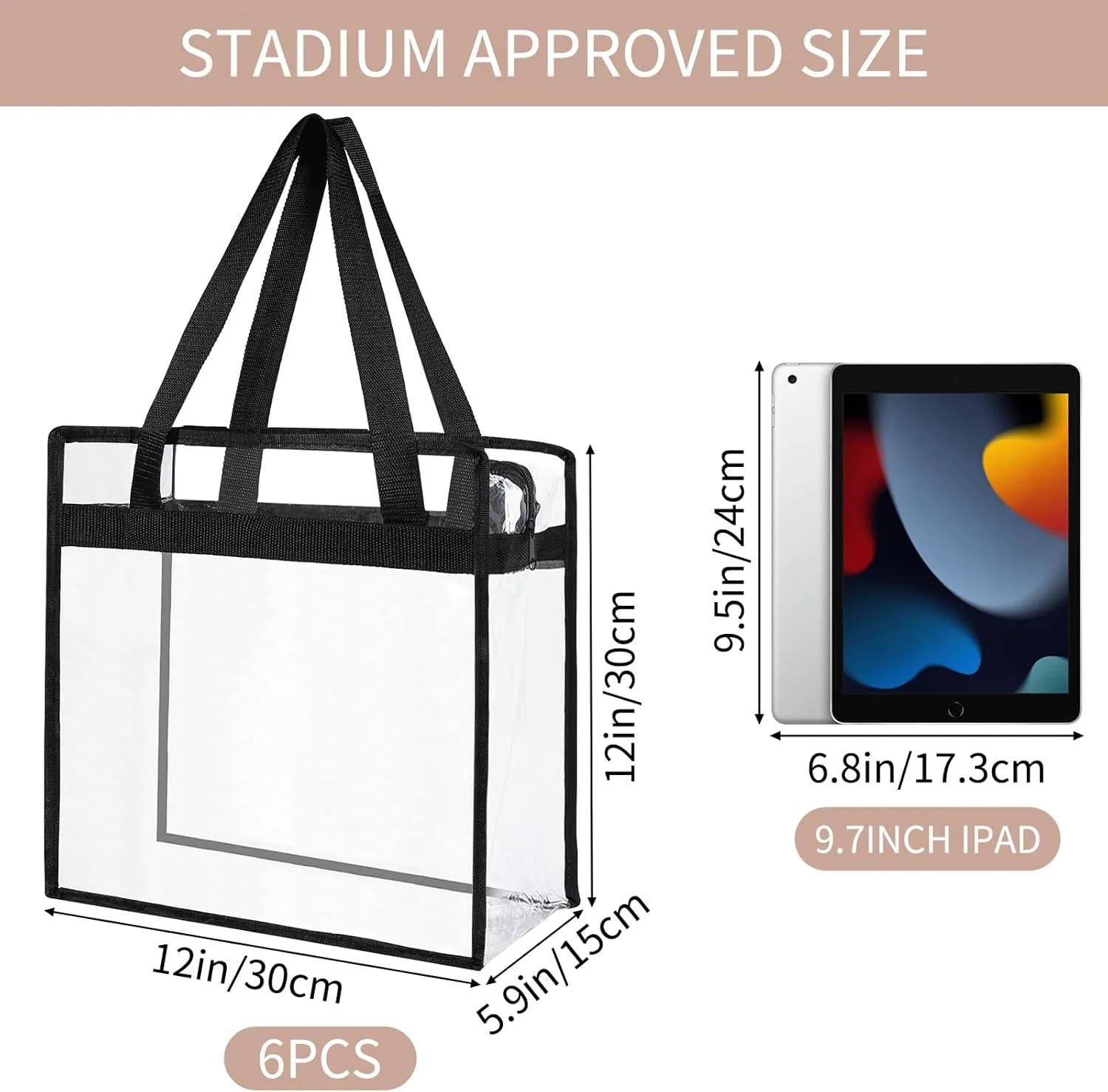 6 Packs Clear Tote Bag Stadium Approved - 12x6x12 Large Transparent PVC Stadium Security Bag with Zipper Closure for Work, Gym Concert Sports