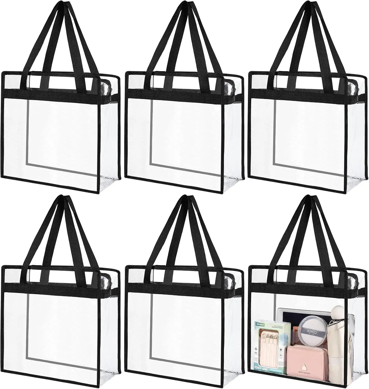 6 Packs Clear Tote Bag Stadium Approved - 12x6x12 Large Transparent PVC Stadium Security Bag with Zipper Closure for Work, Gym Concert Sports