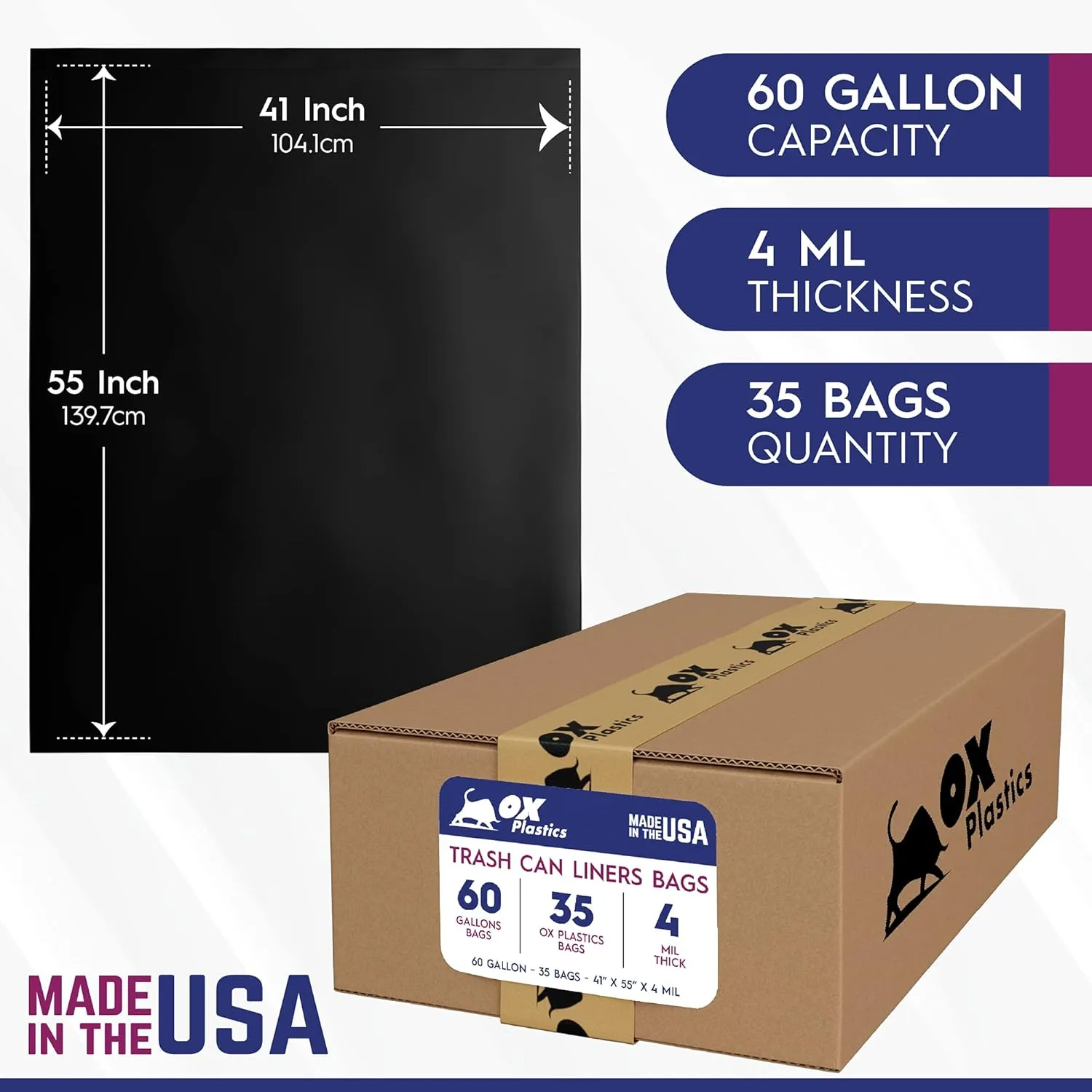 60 Gallon Trash Can Liners Bags - 35 Count Capacity & 4mil Thick Extra Heavy Duty Strength -Large Garbage, Leak-Proof & Durable Bag Black