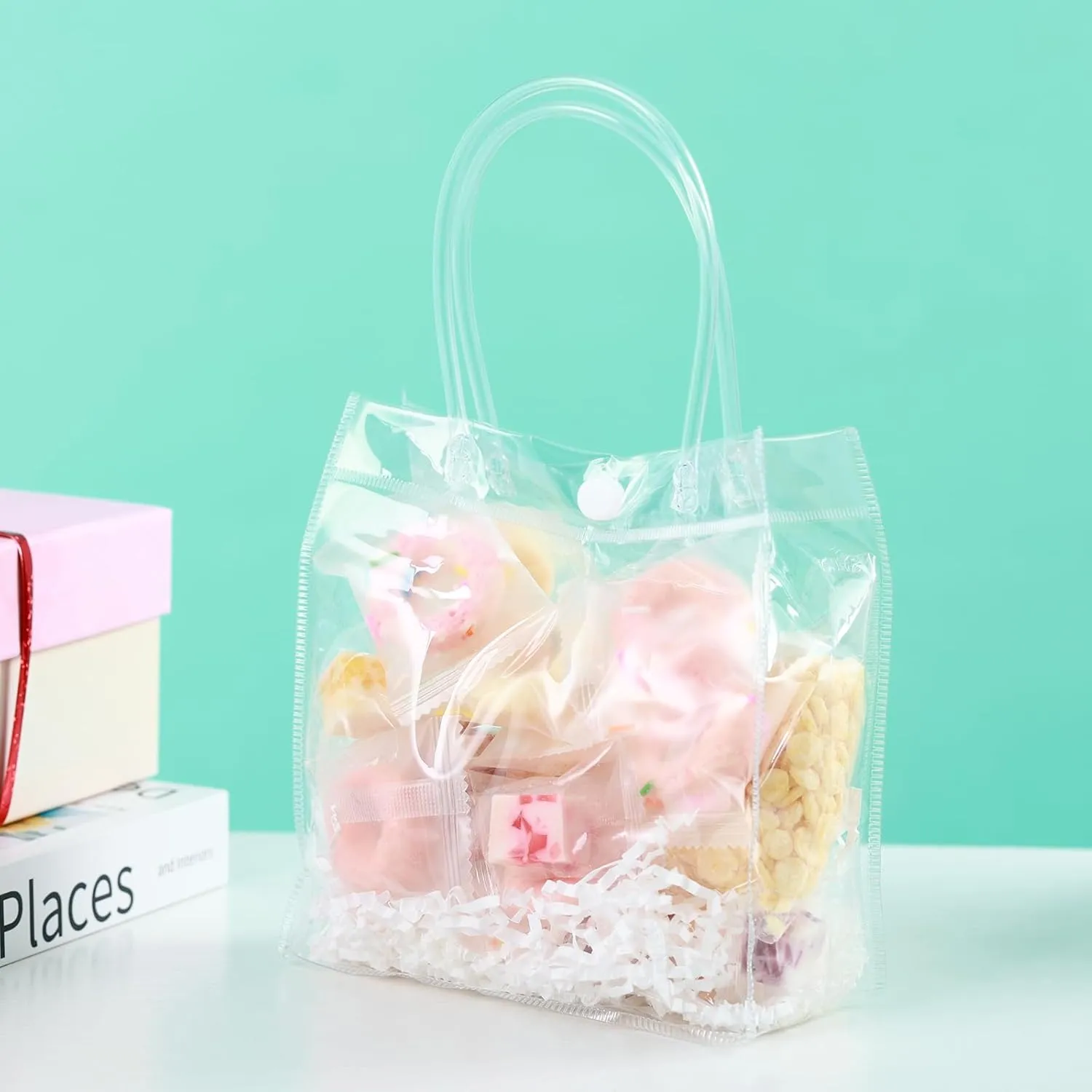 60 Pcs Small Clear Gift Bags with Handle 5.9" x 6.3" x 2.8" Reusable Clear Party Favor Bags Mini Transparent Gift Bags Plastic Tote Goodie Bags for Birthday, Baby Shower, Wedding, Holidays (6 Mils)