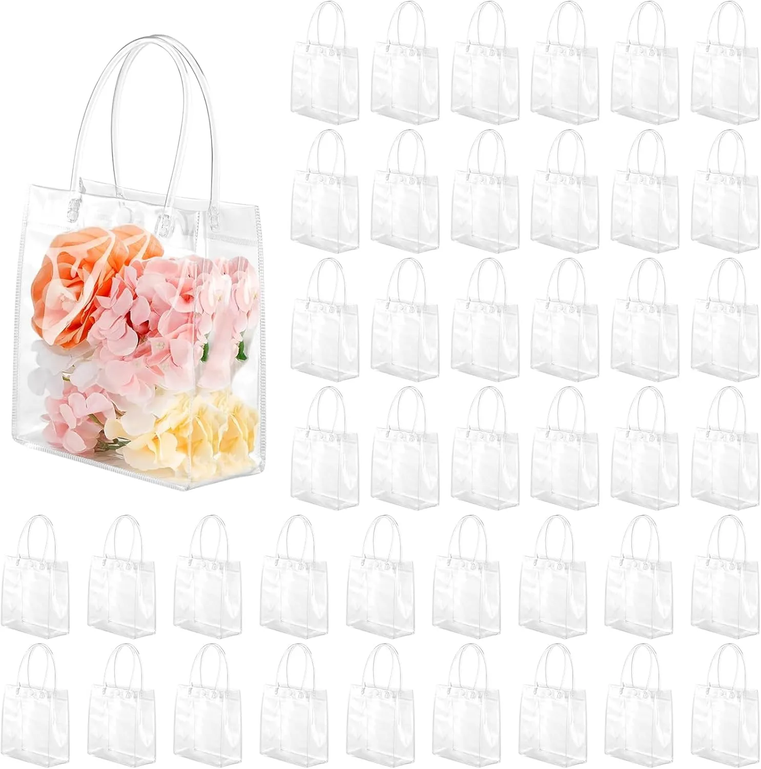 60 Pcs Small Clear Gift Bags with Handle 5.9" x 6.3" x 2.8" Reusable Clear Party Favor Bags Mini Transparent Gift Bags Plastic Tote Goodie Bags for Birthday, Baby Shower, Wedding, Holidays (6 Mils)