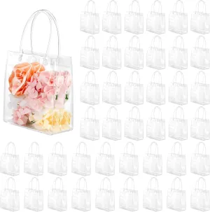 60 Pcs Small Clear Gift Bags with Handle 5.9" x 6.3" x 2.8" Reusable Clear Party Favor Bags Mini Transparent Gift Bags Plastic Tote Goodie Bags for Birthday, Baby Shower, Wedding, Holidays (6 Mils)