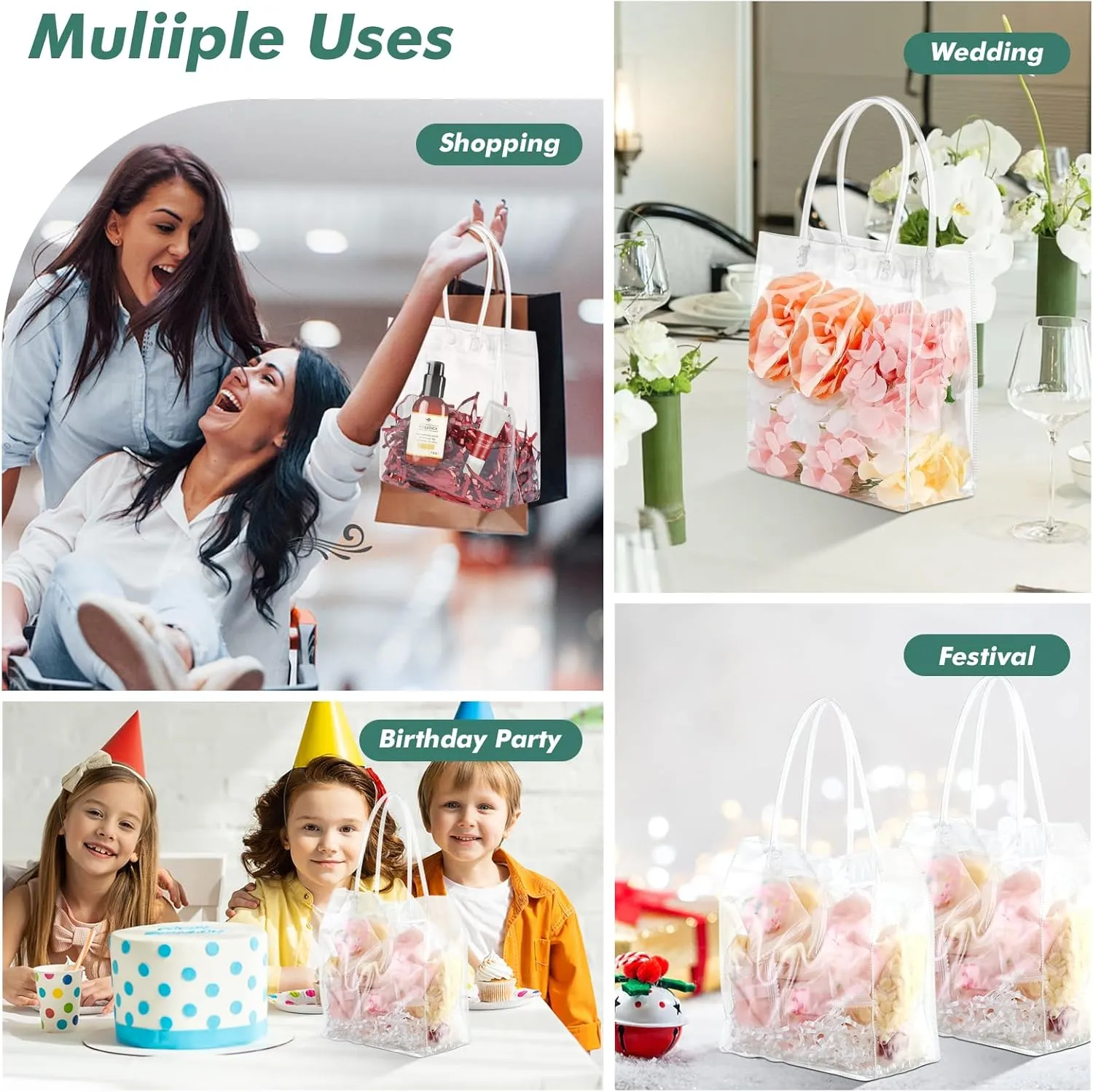 60 Pcs Small Clear Gift Bags with Handle 5.9" x 6.3" x 2.8" Reusable Clear Party Favor Bags Mini Transparent Gift Bags Plastic Tote Goodie Bags for Birthday, Baby Shower, Wedding, Holidays (6 Mils)