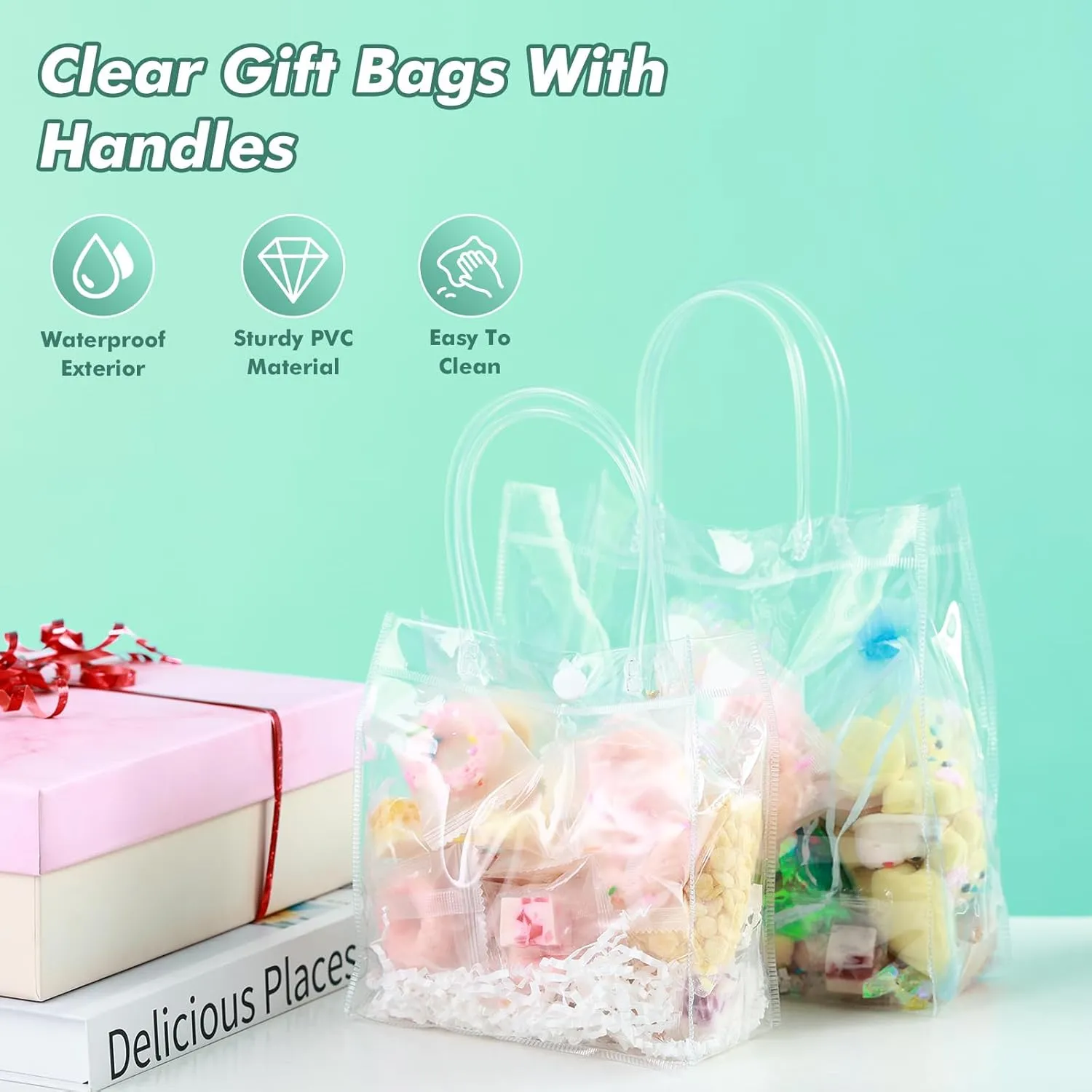 60 Pcs Small Clear Gift Bags with Handle 5.9" x 6.3" x 2.8" Reusable Clear Party Favor Bags Mini Transparent Gift Bags Plastic Tote Goodie Bags for Birthday, Baby Shower, Wedding, Holidays (6 Mils)
