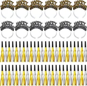 60 Pieces New Years Eve Party Supplies 2025, Happy New Year Headband, Metallic Fringed Noise Makers for New Year Party Decorations Favors