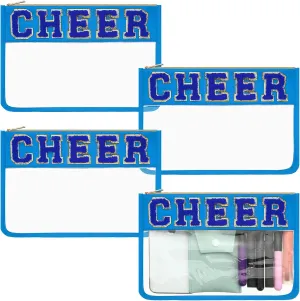 Abbylike 4 Pcs Cheer Makeup Bag Cheerleader Clear Letter Chenille Patch Bag Nylon Makeup Toiletry Pouch with Zipper for Cheerleading Team Women Gifts(Blue,Cheer)