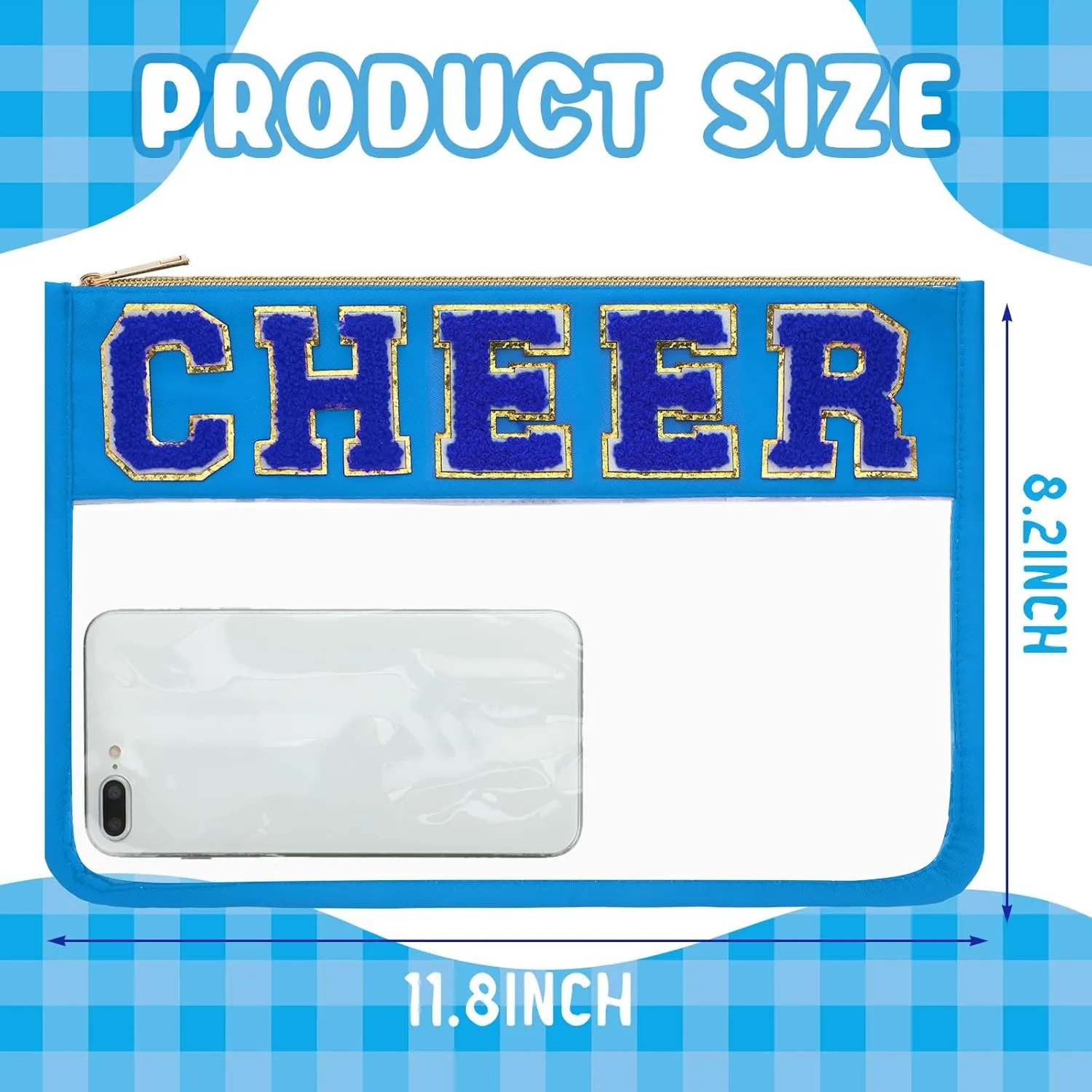 Abbylike 4 Pcs Cheer Makeup Bag Cheerleader Clear Letter Chenille Patch Bag Nylon Makeup Toiletry Pouch with Zipper for Cheerleading Team Women Gifts(Blue,Cheer)