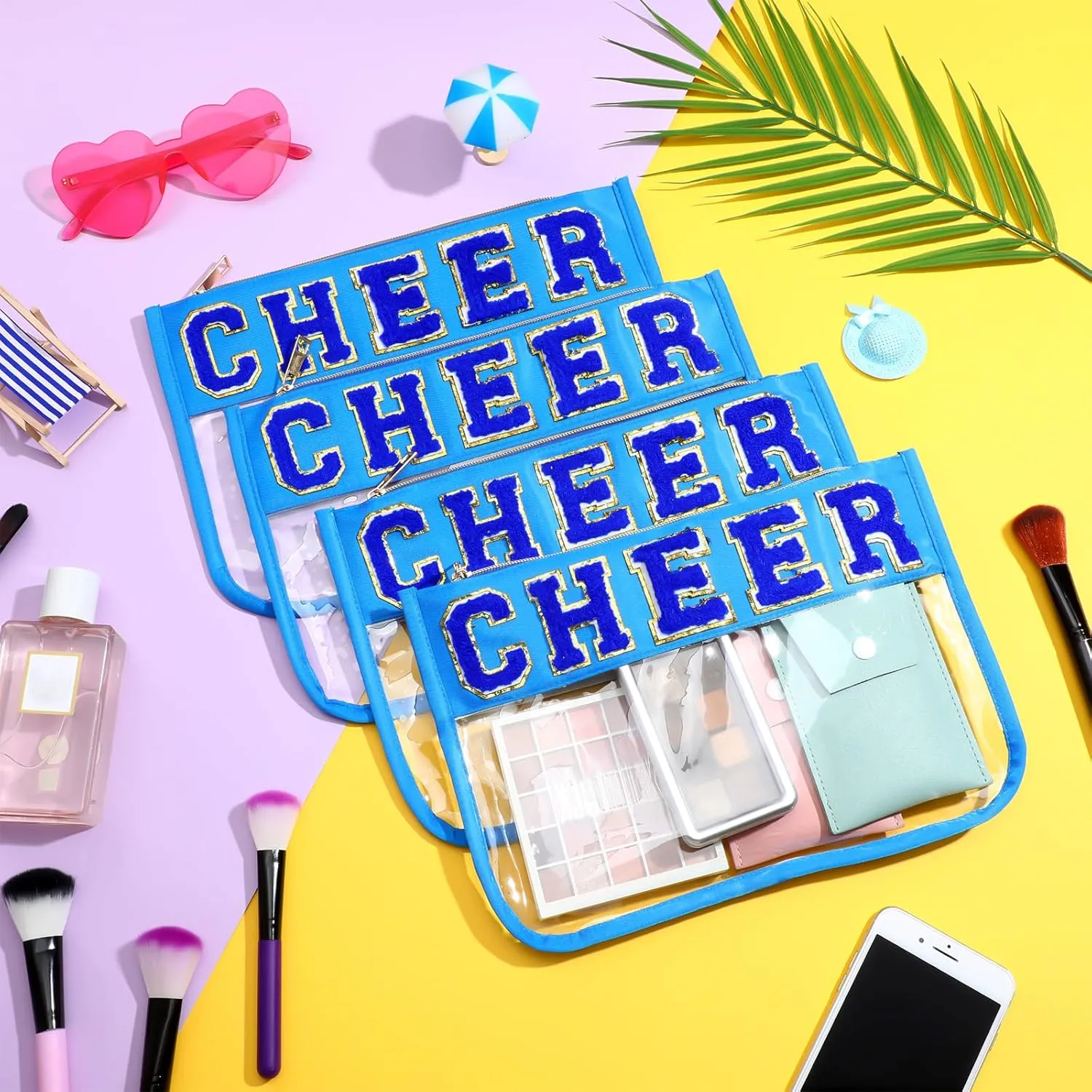 Abbylike 4 Pcs Cheer Makeup Bag Cheerleader Clear Letter Chenille Patch Bag Nylon Makeup Toiletry Pouch with Zipper for Cheerleading Team Women Gifts(Blue,Cheer)