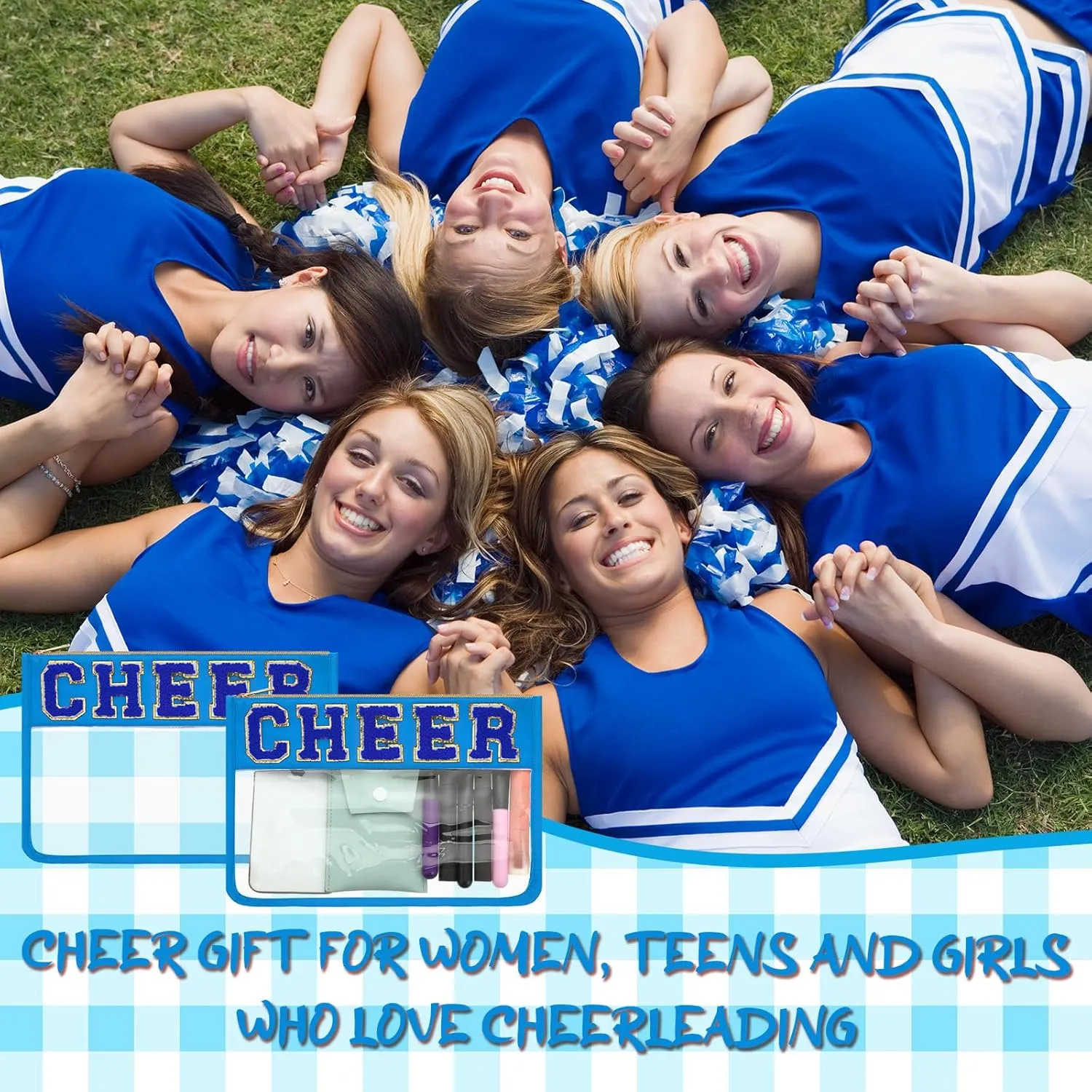 Abbylike 4 Pcs Cheer Makeup Bag Cheerleader Clear Letter Chenille Patch Bag Nylon Makeup Toiletry Pouch with Zipper for Cheerleading Team Women Gifts(Blue,Cheer)