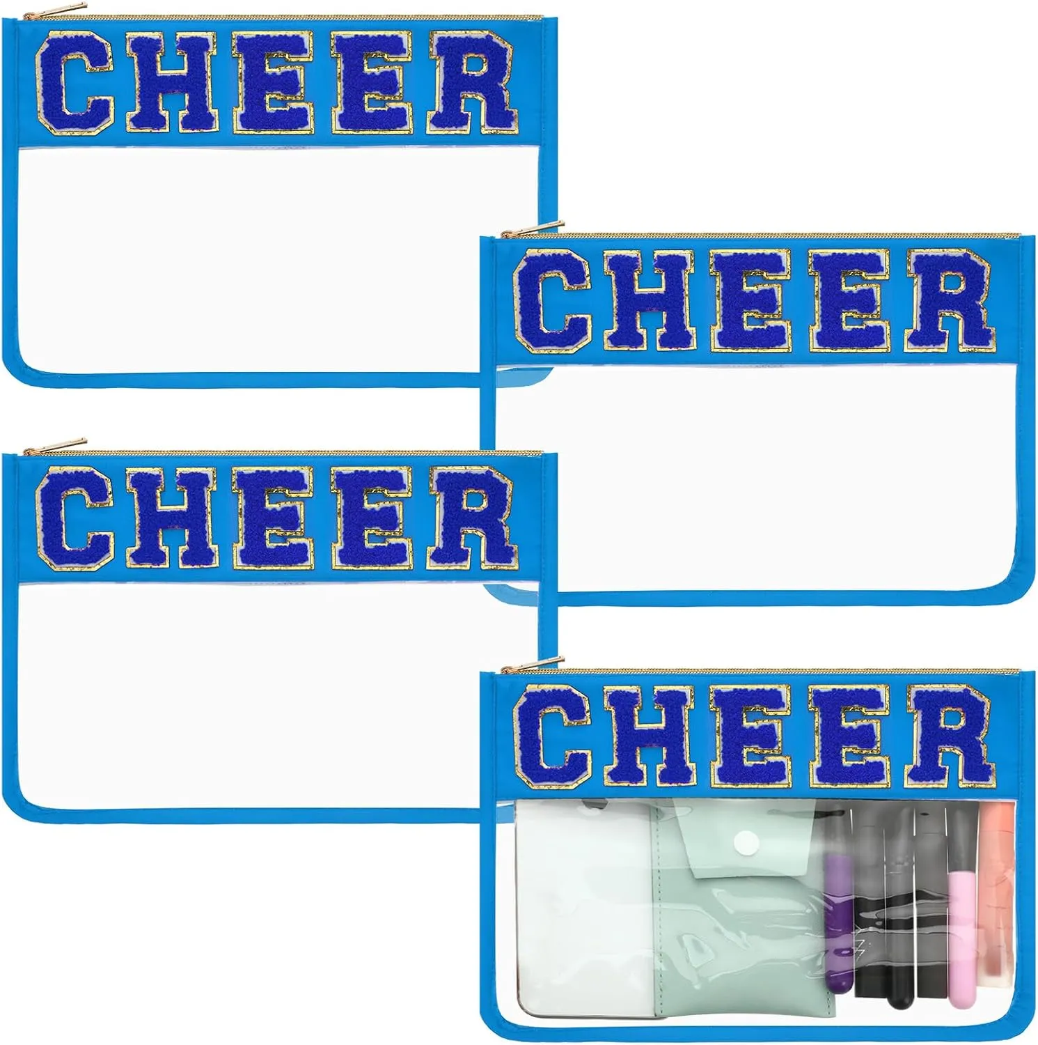 Abbylike 4 Pcs Cheer Makeup Bag Cheerleader Clear Letter Chenille Patch Bag Nylon Makeup Toiletry Pouch with Zipper for Cheerleading Team Women Gifts(Blue,Cheer)